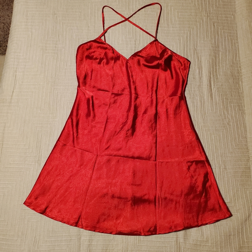 Red Satin  Negligee with Tied Back & Satin Hanger